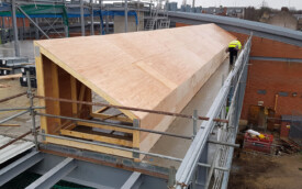 Roof trusses and plywood at Royal Grammer School in Jesmond, December 2018. Roof trusses and plywood at Royal Grammer School in Jesmond, December 2018.