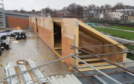 Roof trusses and plywood at Royal Grammer School in Jesmond, December 2018. Roof trusses and plywood at Royal Grammer School in Jesmond, December 2018.